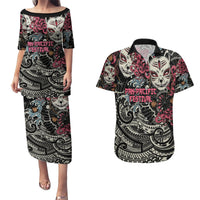 Personalized Japanese Kitsune Mask Couples Matching Puletasi and Hawaiian Shirt With Polynesian Arty Style LT9 Black - Polynesian Pride