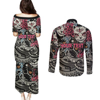 Personalized Japanese Kitsune Mask Couples Matching Puletasi and Long Sleeve Button Shirt With Polynesian Arty Style LT9 - Polynesian Pride