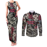 Personalized Japanese Kitsune Mask Couples Matching Tank Maxi Dress and Long Sleeve Button Shirt With Polynesian Arty Style LT9 Black - Polynesian Pride