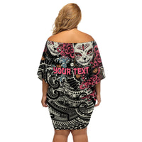 Personalized Japanese Kitsune Mask Family Matching Off Shoulder Short Dress and Hawaiian Shirt With Polynesian Arty Style