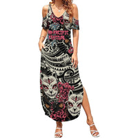 Personalized Japanese Kitsune Mask Summer Maxi Dress With Polynesian Arty Style LT9 Women Black - Polynesian Pride