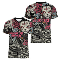 Personalized Japanese Kitsune Mask Women V-Neck T-Shirt With Polynesian Arty Style