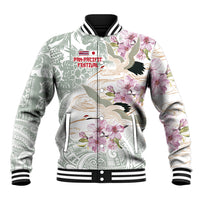 Personalized Japanese Shirasagi Bird Baseball Jacket Sakura and Hibiscus Polynesian Pattern LT9 Unisex White - Polynesian Pride