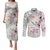 Personalized Japanese Shirasagi Bird Couples Matching Puletasi and Long Sleeve Button Shirt Sakura and Hibiscus Polynesian Pattern LT9 White - Polynesian Pride
