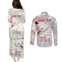 Personalized Japanese Shirasagi Bird Couples Matching Puletasi and Long Sleeve Button Shirt Sakura and Hibiscus Polynesian Pattern LT9 - Polynesian Pride