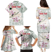 Personalized Japanese Shirasagi Bird Family Matching Puletasi and Hawaiian Shirt Sakura and Hibiscus Polynesian Pattern
