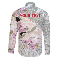 Personalized Japanese Shirasagi Bird Family Matching Puletasi and Hawaiian Shirt Sakura and Hibiscus Polynesian Pattern