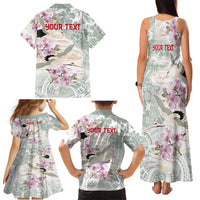 Personalized Japanese Shirasagi Bird Family Matching Tank Maxi Dress and Hawaiian Shirt Sakura and Hibiscus Polynesian Pattern