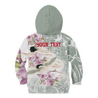Personalized Japanese Shirasagi Bird Kid Hoodie Sakura and Hibiscus Polynesian Pattern