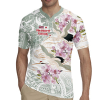Personalized Japanese Shirasagi Bird Rugby Jersey Sakura and Hibiscus Polynesian Pattern