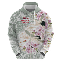 Personalized Japanese Shirasagi Bird Zip Hoodie Sakura and Hibiscus Polynesian Pattern
