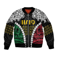 Halo Vanuatu Pride Sleeve Zip Bomber Jacket Vanuatuan Sand Drawing Pattern