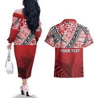 Malo e lelei Tonga Couples Matching Off The Shoulder Long Sleeve Dress and Hawaiian Shirt Ngatu Tokelau Feletoa Fata Traditional Polynesian Pattern