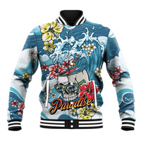 Hawaii Santa Skeleton Surfing Personalized Baseball Jacket Mele Kalikimaka i Iulai! LT9 Unisex Blue - Polynesian Pride