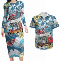 Hawaii Santa Skeleton Surfing Personalized Couples Matching Long Sleeve Bodycon Dress and Hawaiian Shirt Mele Kalikimaka i Iulai! LT9 Blue - Polynesian Pride