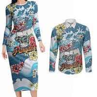 Hawaii Santa Skeleton Surfing Personalized Couples Matching Long Sleeve Bodycon Dress and Long Sleeve Button Shirt Mele Kalikimaka i Iulai! LT9 Blue - Polynesian Pride