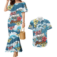Hawaii Santa Skeleton Surfing Personalized Couples Matching Mermaid Dress and Hawaiian Shirt Mele Kalikimaka i Iulai!