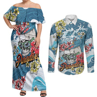 Hawaii Santa Skeleton Surfing Personalized Couples Matching Off Shoulder Maxi Dress and Long Sleeve Button Shirt Mele Kalikimaka i Iulai! LT9 Blue - Polynesian Pride