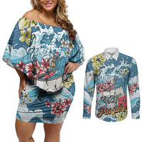 Hawaii Santa Skeleton Surfing Personalized Couples Matching Off Shoulder Short Dress and Long Sleeve Button Shirt Mele Kalikimaka i Iulai! LT9 Blue - Polynesian Pride