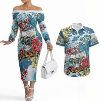 Hawaii Santa Skeleton Surfing Personalized Couples Matching Off The Shoulder Long Sleeve Dress and Hawaiian Shirt Mele Kalikimaka i Iulai! LT9 Blue - Polynesian Pride