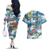 Hawaii Santa Skeleton Surfing Personalized Couples Matching Off The Shoulder Long Sleeve Dress and Hawaiian Shirt Mele Kalikimaka i Iulai!