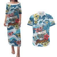 Hawaii Santa Skeleton Surfing Personalized Couples Matching Puletasi and Hawaiian Shirt Mele Kalikimaka i Iulai! LT9 Blue - Polynesian Pride