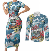 Hawaii Santa Skeleton Surfing Personalized Couples Matching Short Sleeve Bodycon Dress and Long Sleeve Button Shirt Mele Kalikimaka i Iulai! LT9 Blue - Polynesian Pride