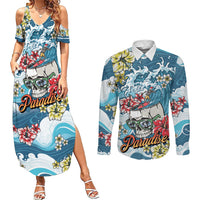Hawaii Santa Skeleton Surfing Personalized Couples Matching Summer Maxi Dress and Long Sleeve Button Shirt Mele Kalikimaka i Iulai! LT9 Blue - Polynesian Pride