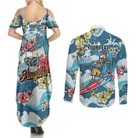 Hawaii Santa Skeleton Surfing Personalized Couples Matching Summer Maxi Dress and Long Sleeve Button Shirt Mele Kalikimaka i Iulai!