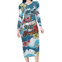 Hawaii Santa Skeleton Surfing Personalized Family Matching Long Sleeve Bodycon Dress and Hawaiian Shirt Mele Kalikimaka i Iulai!