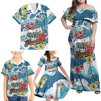 Hawaii Santa Skeleton Surfing Personalized Family Matching Off Shoulder Maxi Dress and Hawaiian Shirt Mele Kalikimaka i Iulai! LT9 - Polynesian Pride