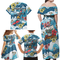 Hawaii Santa Skeleton Surfing Personalized Family Matching Off Shoulder Maxi Dress and Hawaiian Shirt Mele Kalikimaka i Iulai!