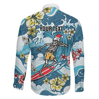Hawaii Santa Skeleton Surfing Personalized Family Matching Off Shoulder Maxi Dress and Hawaiian Shirt Mele Kalikimaka i Iulai! LT9 Son's Shirt Blue - Polynesian Pride
