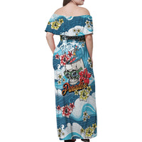 Hawaii Santa Skeleton Surfing Personalized Family Matching Off Shoulder Maxi Dress and Hawaiian Shirt Mele Kalikimaka i Iulai!