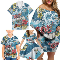 Hawaii Santa Skeleton Surfing Personalized Family Matching Off Shoulder Short Dress and Hawaiian Shirt Mele Kalikimaka i Iulai! LT9 - Polynesian Pride