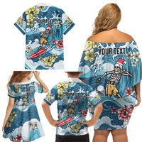 Hawaii Santa Skeleton Surfing Personalized Family Matching Off Shoulder Short Dress and Hawaiian Shirt Mele Kalikimaka i Iulai!