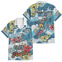 Hawaii Santa Skeleton Surfing Personalized Family Matching Off Shoulder Short Dress and Hawaiian Shirt Mele Kalikimaka i Iulai! LT9 Dad's Shirt - Short Sleeve Blue - Polynesian Pride