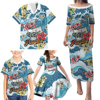 Hawaii Santa Skeleton Surfing Personalized Family Matching Puletasi and Hawaiian Shirt Mele Kalikimaka i Iulai!