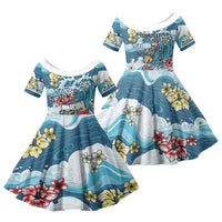 Hawaii Santa Skeleton Surfing Personalized Family Matching Tank Maxi Dress and Hawaiian Shirt Mele Kalikimaka i Iulai! LT9 Daughter's Dress Blue - Polynesian Pride