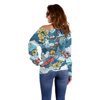 Hawaii Santa Skeleton Surfing Personalized Off Shoulder Sweater Mele Kalikimaka i Iulai! LT9 - Polynesian Pride