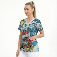 Hawaii Santa Skeleton Surfing Personalized Scrub Top Mele Kalikimaka i Iulai! LT9 - Polynesian Pride