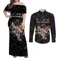 Custom Rugby Southern Hemisphere Couples Matching Off Shoulder Maxi Dress and Long Sleeve Button Shirt Argentina AUNZ South Africa Mascot Black - Polynesian Pride