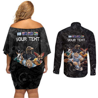 Custom Rugby Southern Hemisphere Couples Matching Off Shoulder Short Dress and Long Sleeve Button Shirt Argentina AUNZ South Africa Mascot Black - Polynesian Pride