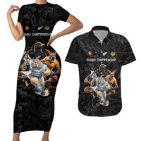 Custom Rugby Southern Hemisphere Couples Matching Short Sleeve Bodycon Dress and Hawaiian Shirt Argentina AUNZ South Africa Mascot Black - Polynesian Pride