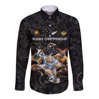 Custom Rugby Southern Hemisphere Long Sleeve Button Shirt Argentina AUNZ South Africa Mascot Black - Polynesian Pride