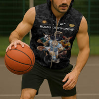 Custom Rugby Southern Hemisphere Sleeveless Zip Hoodie Argentina AUNZ South Africa Mascot Black - Polynesian Pride