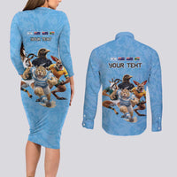 Custom Rugby Southern Hemisphere Couples Matching Long Sleeve Bodycon Dress and Long Sleeve Button Shirt Argentina AUNZ South Africa Mascot Blue - Polynesian Pride