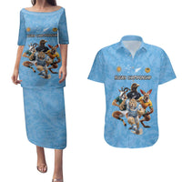 Custom Rugby Southern Hemisphere Couples Matching Puletasi and Hawaiian Shirt Argentina AUNZ South Africa Mascot Blue - Polynesian Pride