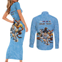 Custom Rugby Southern Hemisphere Couples Matching Short Sleeve Bodycon Dress and Long Sleeve Button Shirt Argentina AUNZ South Africa Mascot Blue - Polynesian Pride
