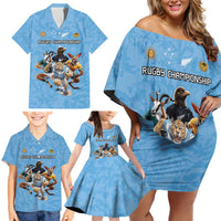 Custom Rugby Southern Hemisphere Family Matching Off Shoulder Short Dress and Hawaiian Shirt Argentina AUNZ South Africa Mascot Blue - Polynesian Pride